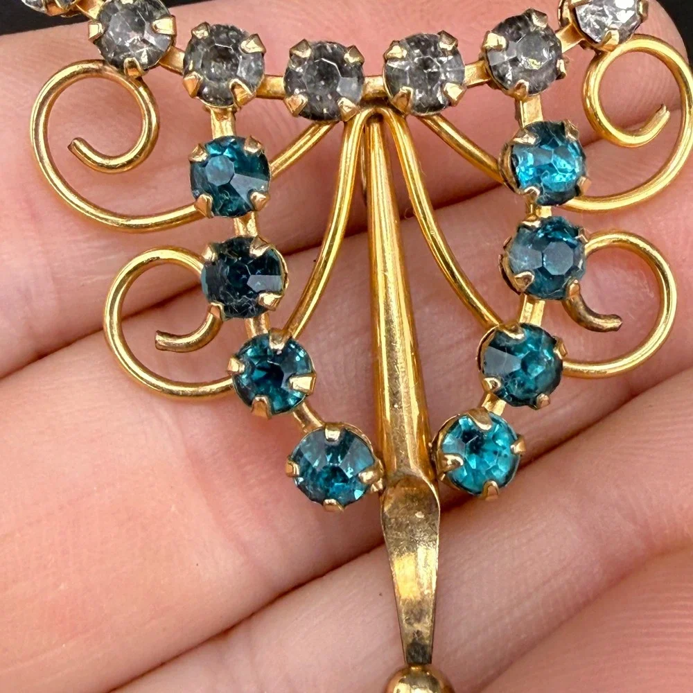 Vintage AMCO Brooch Gold Blue Rhinestone Gold Filled Mid Century Fan